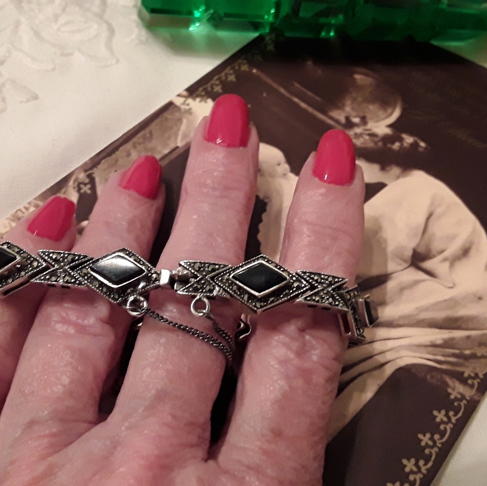 VTG. 925 STERLING MARCASITE & ONYX LINK BRACELET - Picture 3 of 8